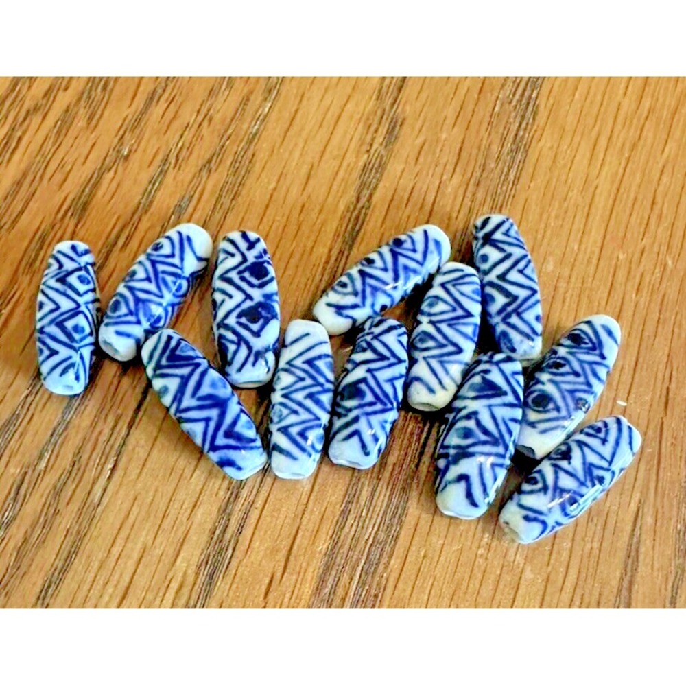 Jewelry Craft Beads Cobalt Blue and White Porcelain Oblong LOT OF 12